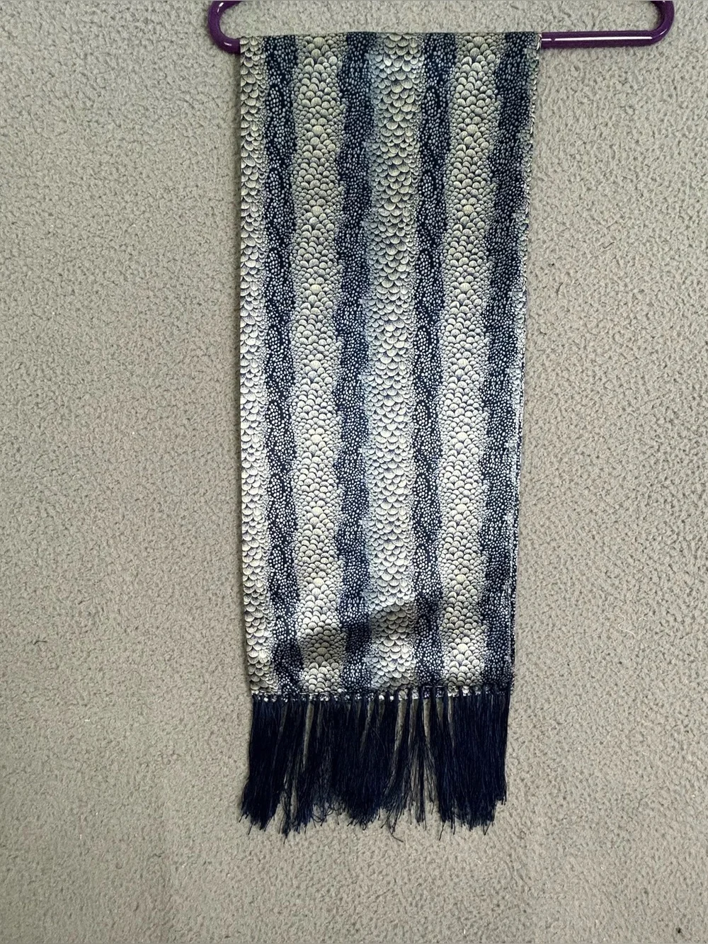 Women’s Navy Blue Faux Silk Fish Scale / Snake Print Scarf with Fringe
